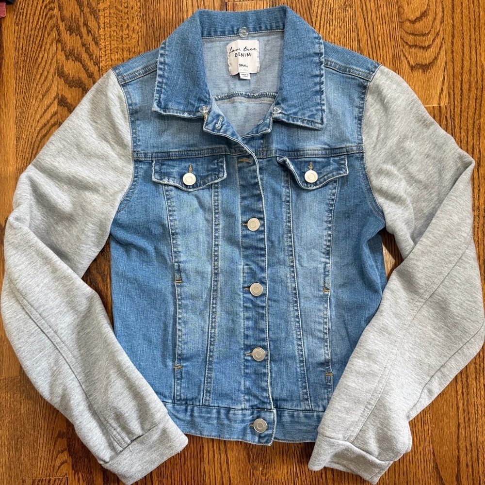 Love Tree Denim Jacket Gray Jersey Sleeves Size Small